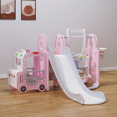 Bus Playhouse 5-in-1 Kids Slide & Swing Set | Basketball Hoop | Music