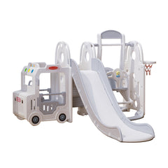 Bus Playhouse 5-in-1 Kids Slide & Swing Set | Basketball Hoop | Music