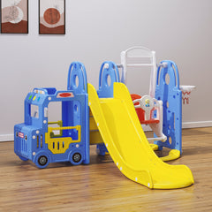 Bus Playhouse 5-in-1 Kids Slide & Swing Set | Basketball Hoop | Music